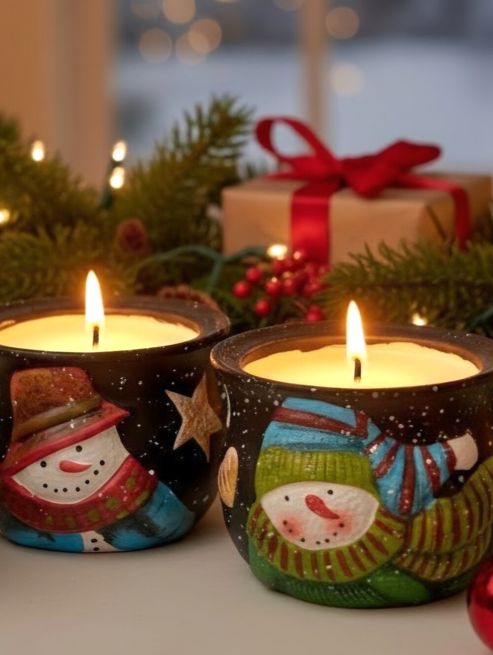 Susan Winget Set 2 Small Snowman Candle Crocks, New In Box Ceramic Holiday Decor
